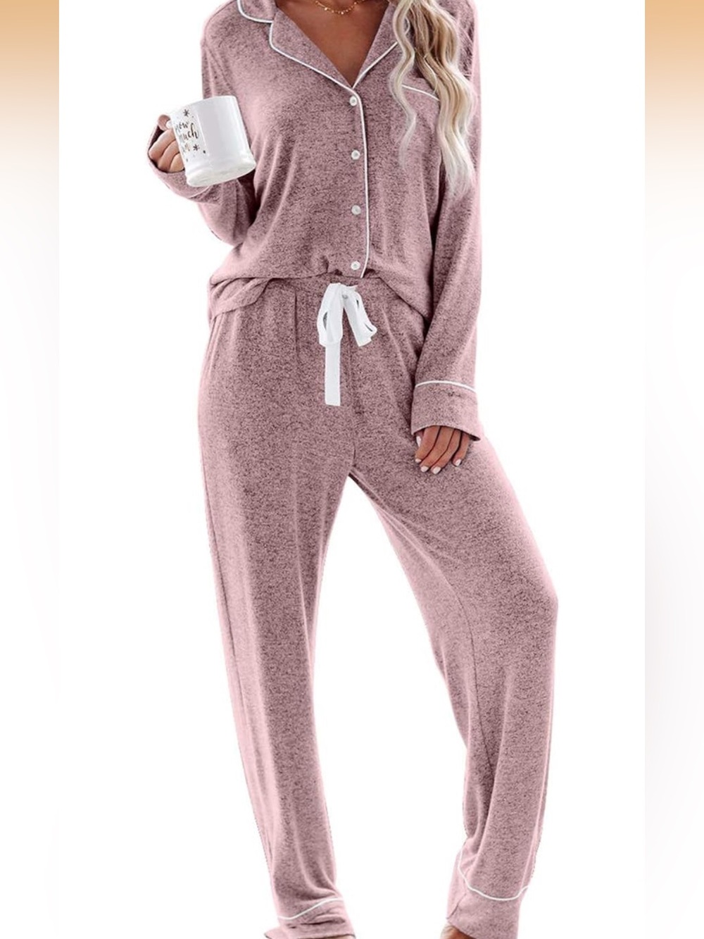 Aamikast Dusty Mauve Long-Sleeve Pajama Set with White Piping